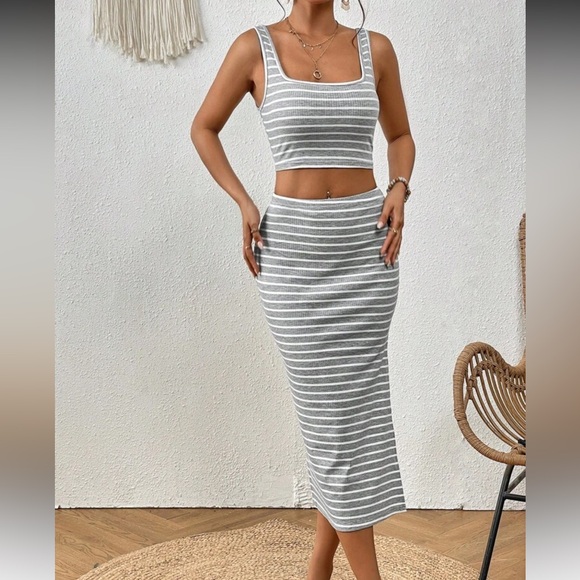 Striped Crop Top & Midi Bodycon Skirt Set - Picture 1 of 4